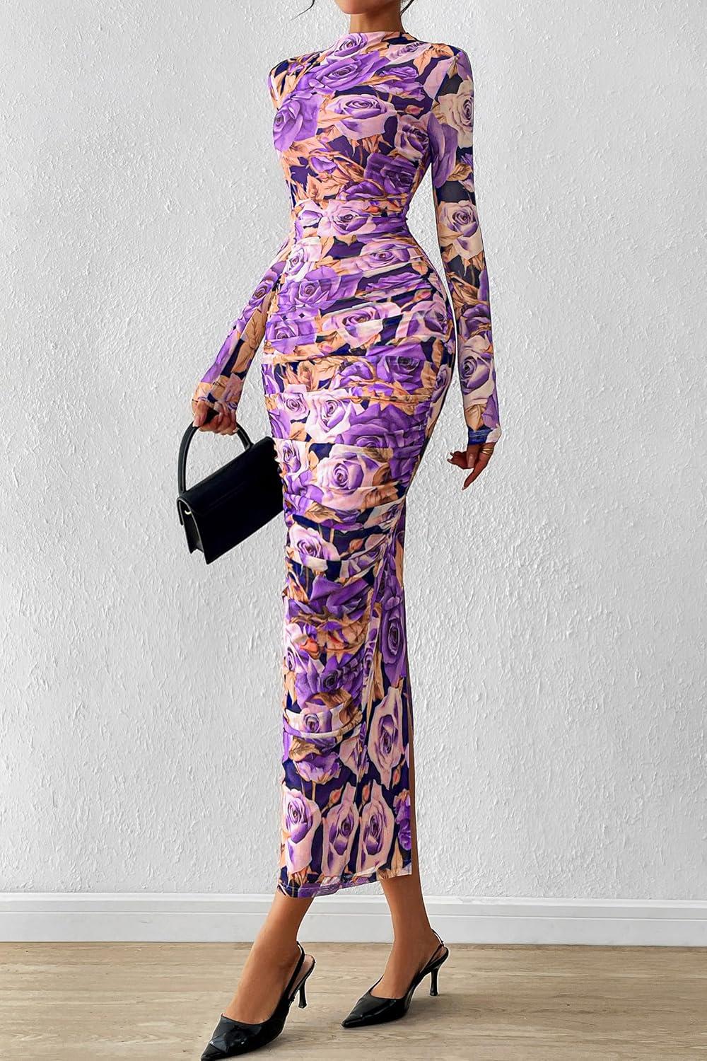 imagePRETTYGARDEN Womens Long Sleeve Maxi Dresses 2026 Spring Ruched Bodycon Floral Mesh Formal Wedding Guest Cocktail Party DressFloral Grey Purple