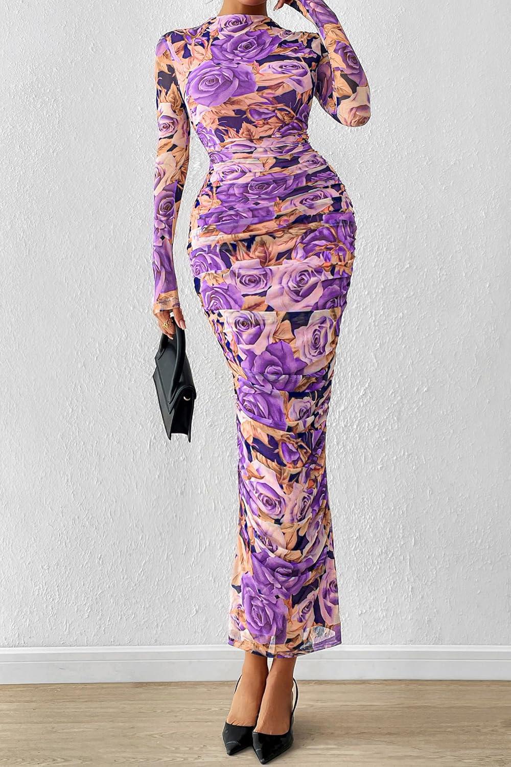 imagePRETTYGARDEN Womens Long Sleeve Maxi Dresses 2026 Spring Ruched Bodycon Floral Mesh Formal Wedding Guest Cocktail Party DressFloral Grey Purple