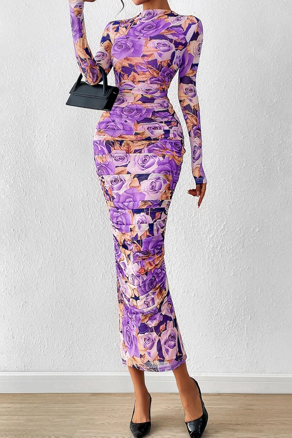imagePRETTYGARDEN Womens Long Sleeve Maxi Dresses 2026 Spring Ruched Bodycon Floral Mesh Formal Wedding Guest Cocktail Party DressFloral Grey Purple
