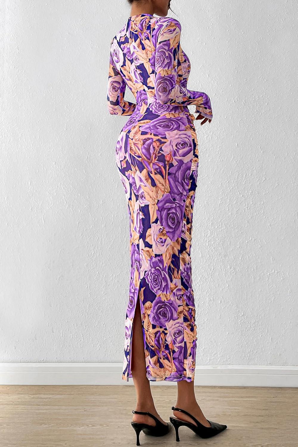 imagePRETTYGARDEN Womens Long Sleeve Maxi Dresses 2026 Spring Ruched Bodycon Floral Mesh Formal Wedding Guest Cocktail Party DressFloral Grey Purple