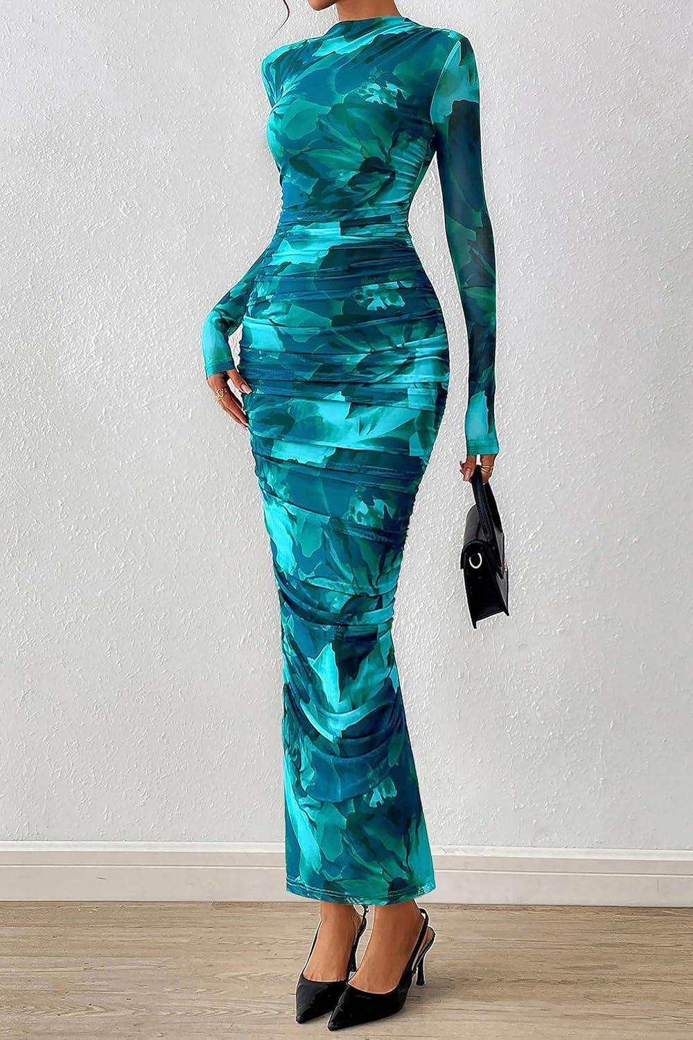 imagePRETTYGARDEN Womens Long Sleeve Maxi Dresses 2026 Spring Ruched Bodycon Floral Mesh Formal Wedding Guest Cocktail Party DressFloral Lake Blue