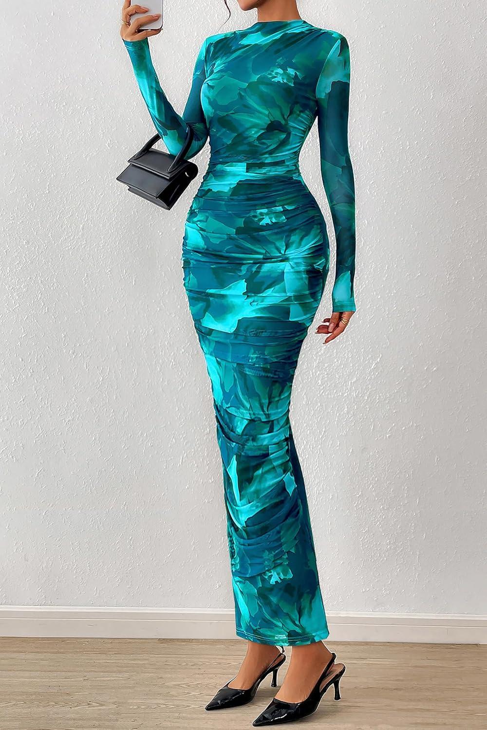 imagePRETTYGARDEN Womens Long Sleeve Maxi Dresses 2026 Spring Ruched Bodycon Floral Mesh Formal Wedding Guest Cocktail Party DressFloral Lake Blue