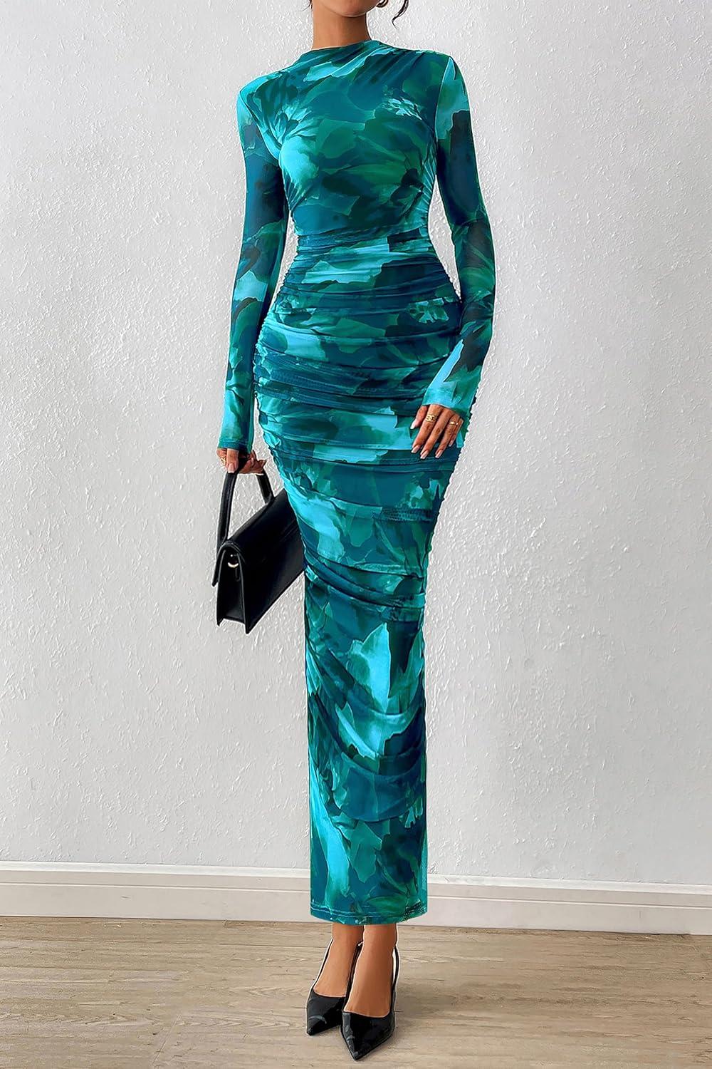 imagePRETTYGARDEN Womens Long Sleeve Maxi Dresses 2026 Spring Ruched Bodycon Floral Mesh Formal Wedding Guest Cocktail Party DressFloral Lake Blue
