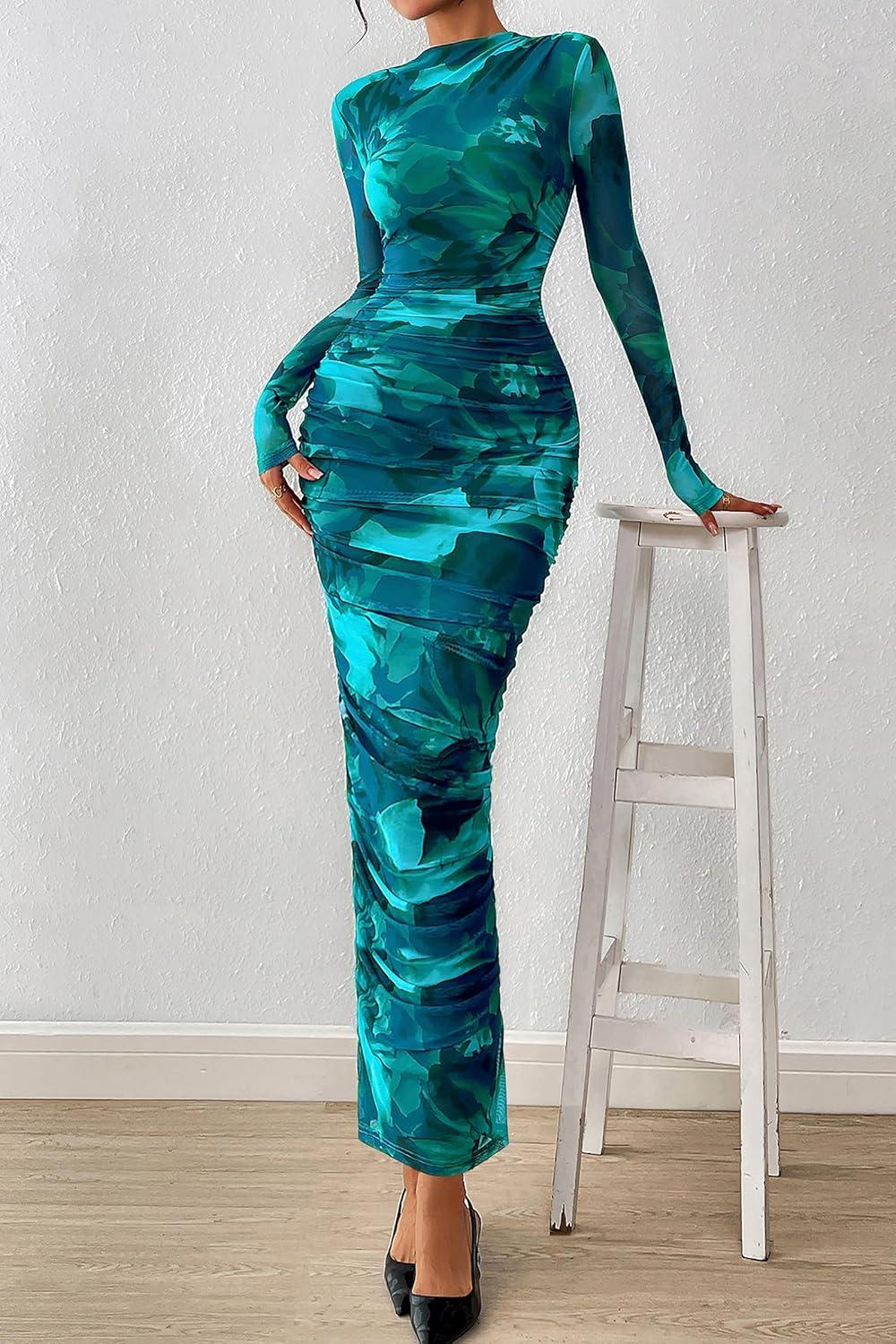 imagePRETTYGARDEN Womens Long Sleeve Maxi Dresses 2026 Spring Ruched Bodycon Floral Mesh Formal Wedding Guest Cocktail Party DressFloral Lake Blue