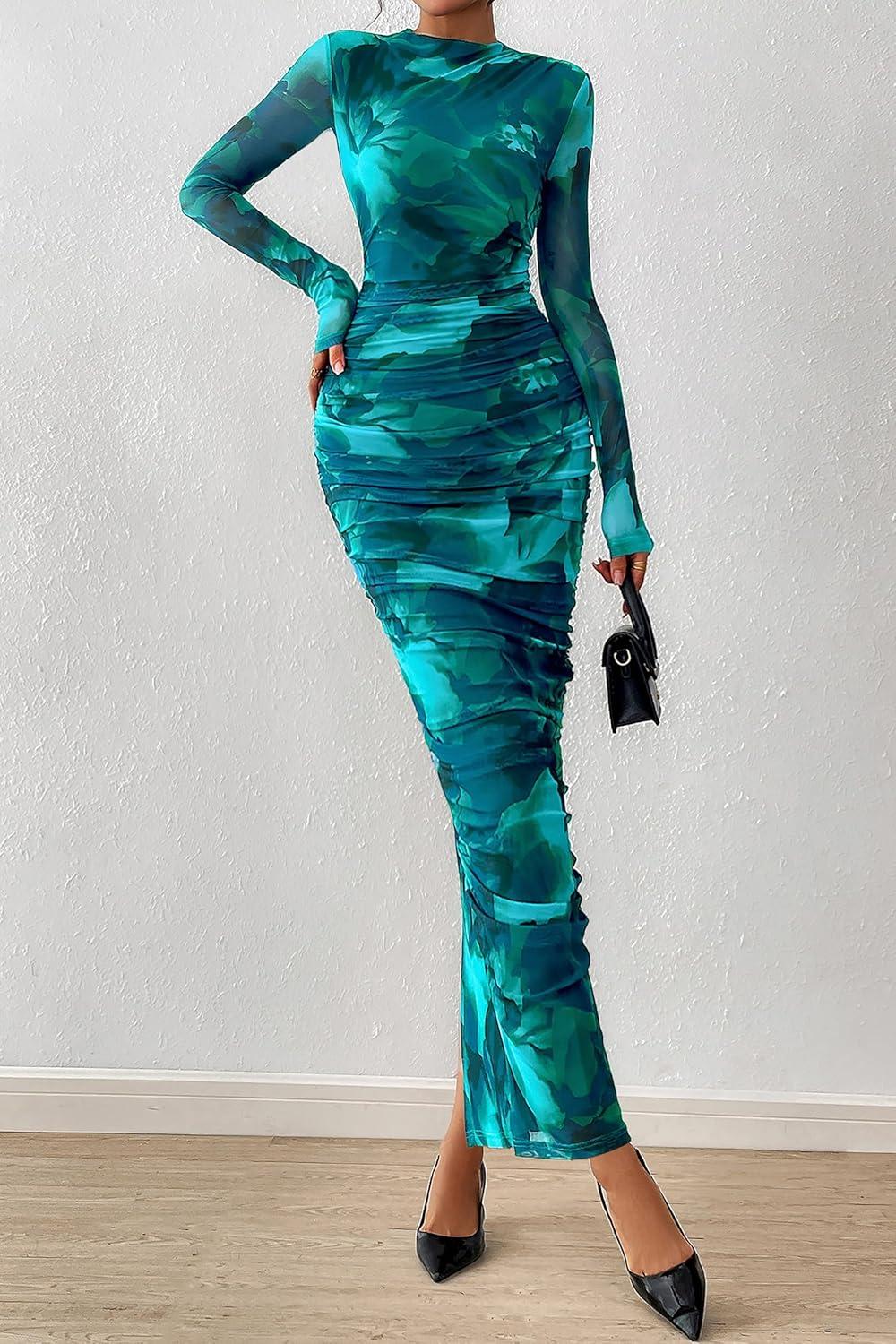 imagePRETTYGARDEN Womens Long Sleeve Maxi Dresses 2026 Spring Ruched Bodycon Floral Mesh Formal Wedding Guest Cocktail Party DressFloral Lake Blue