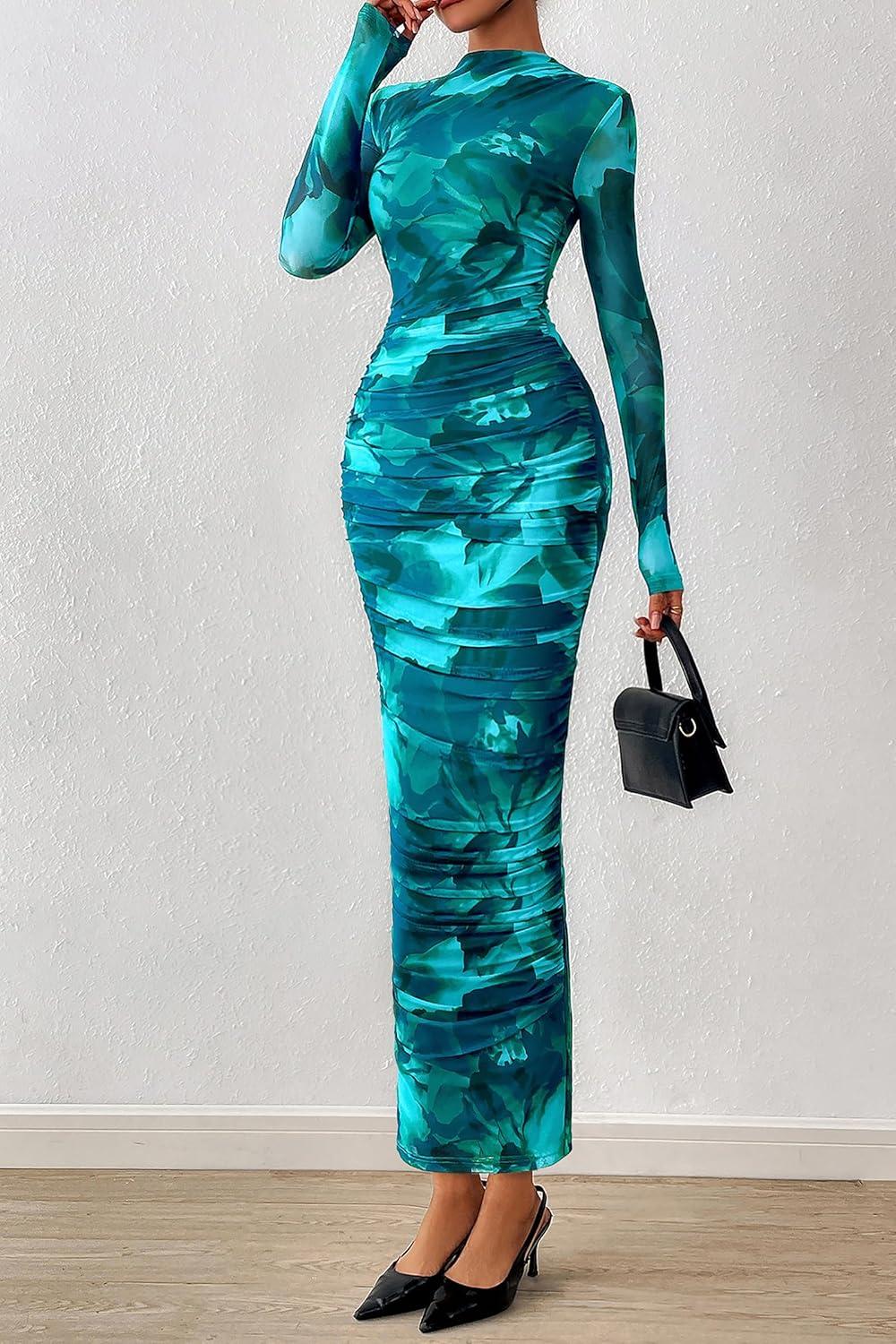 imagePRETTYGARDEN Womens Long Sleeve Maxi Dresses 2026 Spring Ruched Bodycon Floral Mesh Formal Wedding Guest Cocktail Party DressFloral Lake Blue
