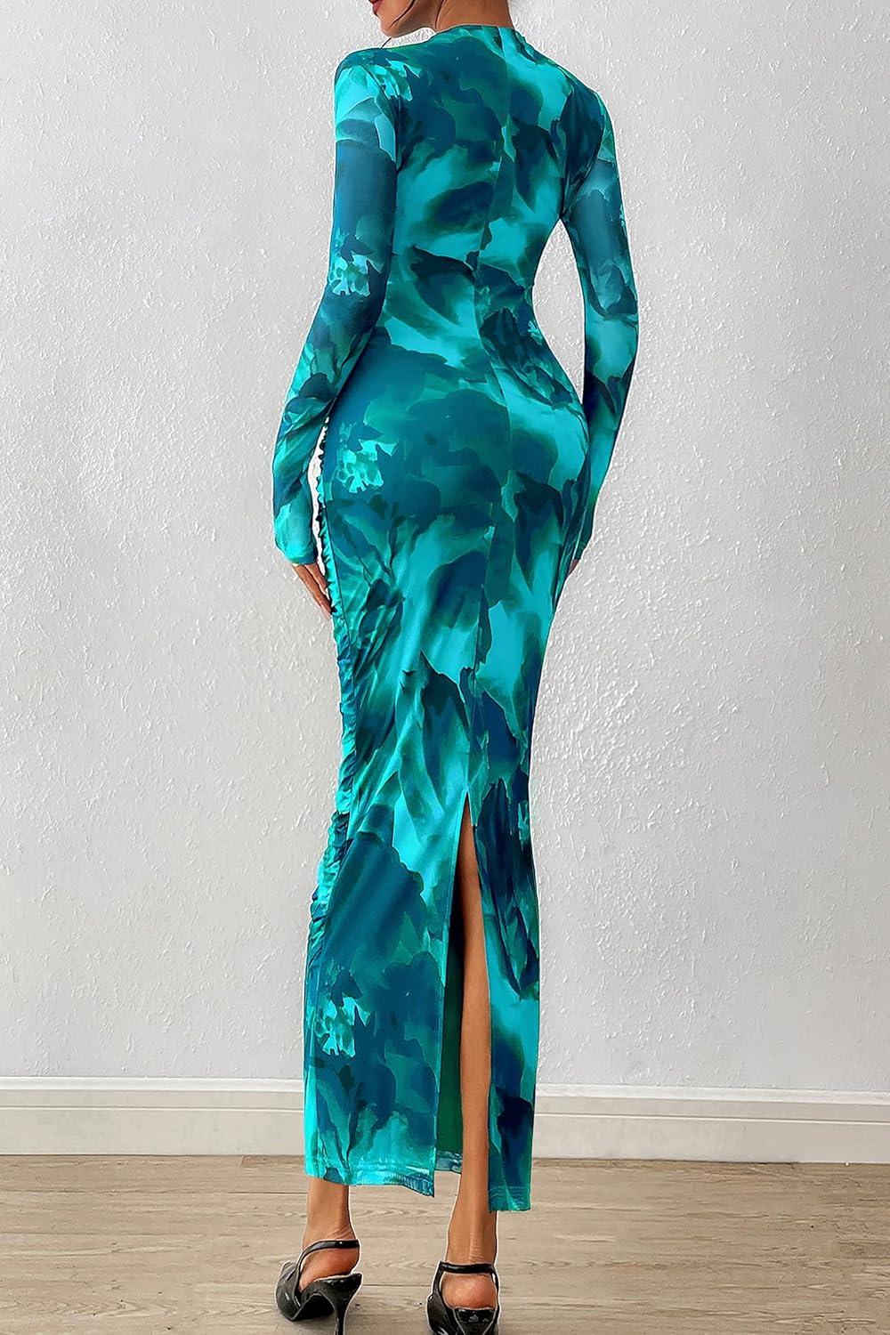 imagePRETTYGARDEN Womens Long Sleeve Maxi Dresses 2026 Spring Ruched Bodycon Floral Mesh Formal Wedding Guest Cocktail Party DressFloral Lake Blue
