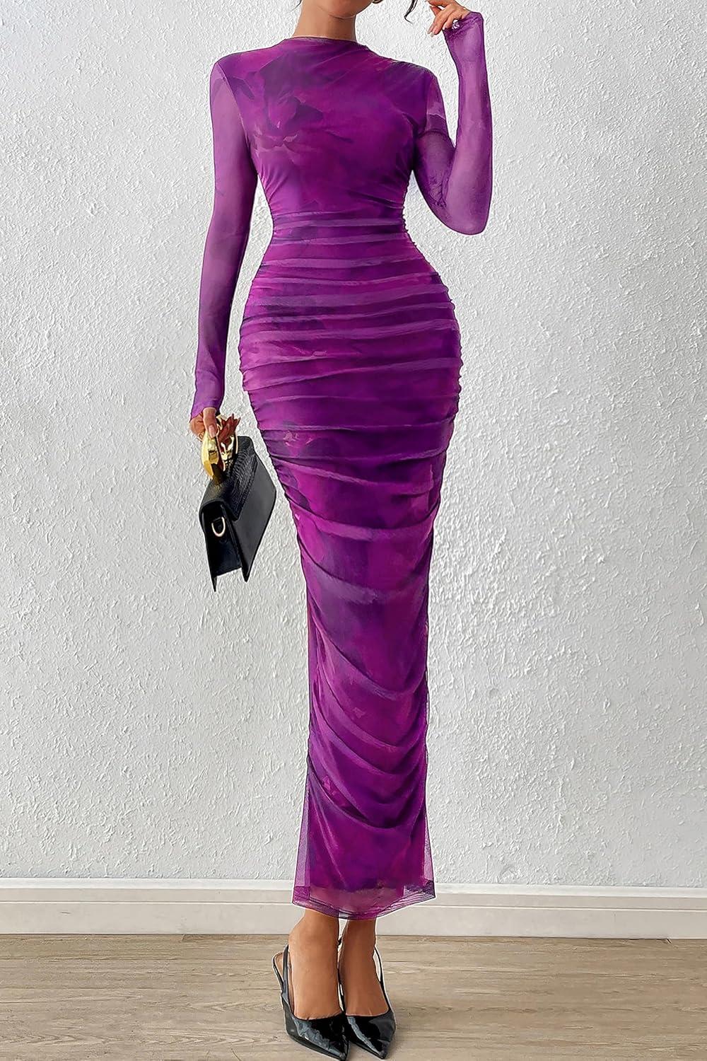 imagePRETTYGARDEN Womens Long Sleeve Maxi Dresses 2026 Spring Ruched Bodycon Floral Mesh Formal Wedding Guest Cocktail Party DressFloral Purple