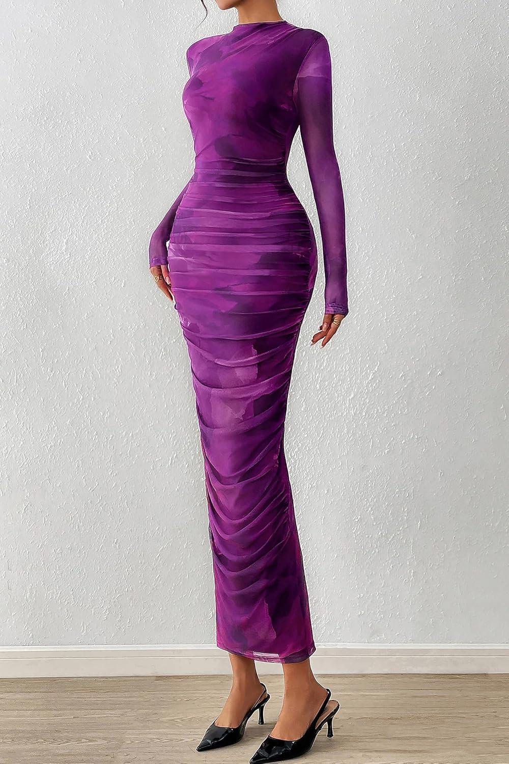 imagePRETTYGARDEN Womens Long Sleeve Maxi Dresses 2026 Spring Ruched Bodycon Floral Mesh Formal Wedding Guest Cocktail Party DressFloral Purple