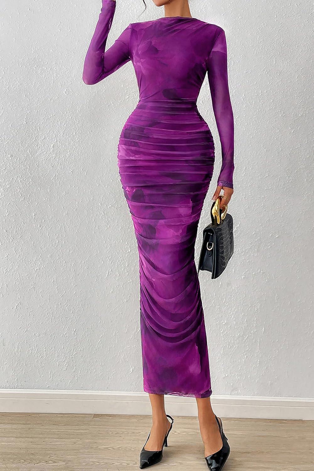 imagePRETTYGARDEN Womens Long Sleeve Maxi Dresses 2026 Spring Ruched Bodycon Floral Mesh Formal Wedding Guest Cocktail Party DressFloral Purple