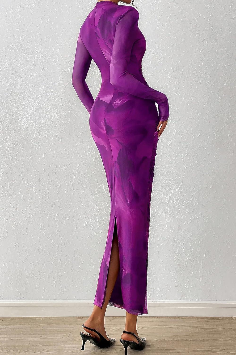 imagePRETTYGARDEN Womens Long Sleeve Maxi Dresses 2026 Spring Ruched Bodycon Floral Mesh Formal Wedding Guest Cocktail Party DressFloral Purple