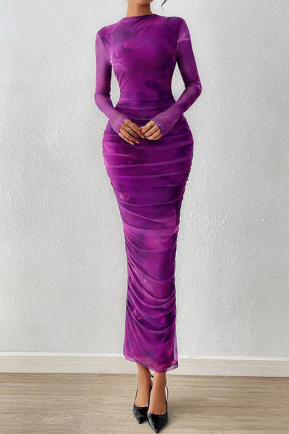 imagePRETTYGARDEN Womens Long Sleeve Maxi Dresses 2026 Spring Ruched Bodycon Floral Mesh Formal Wedding Guest Cocktail Party DressFloral Purple