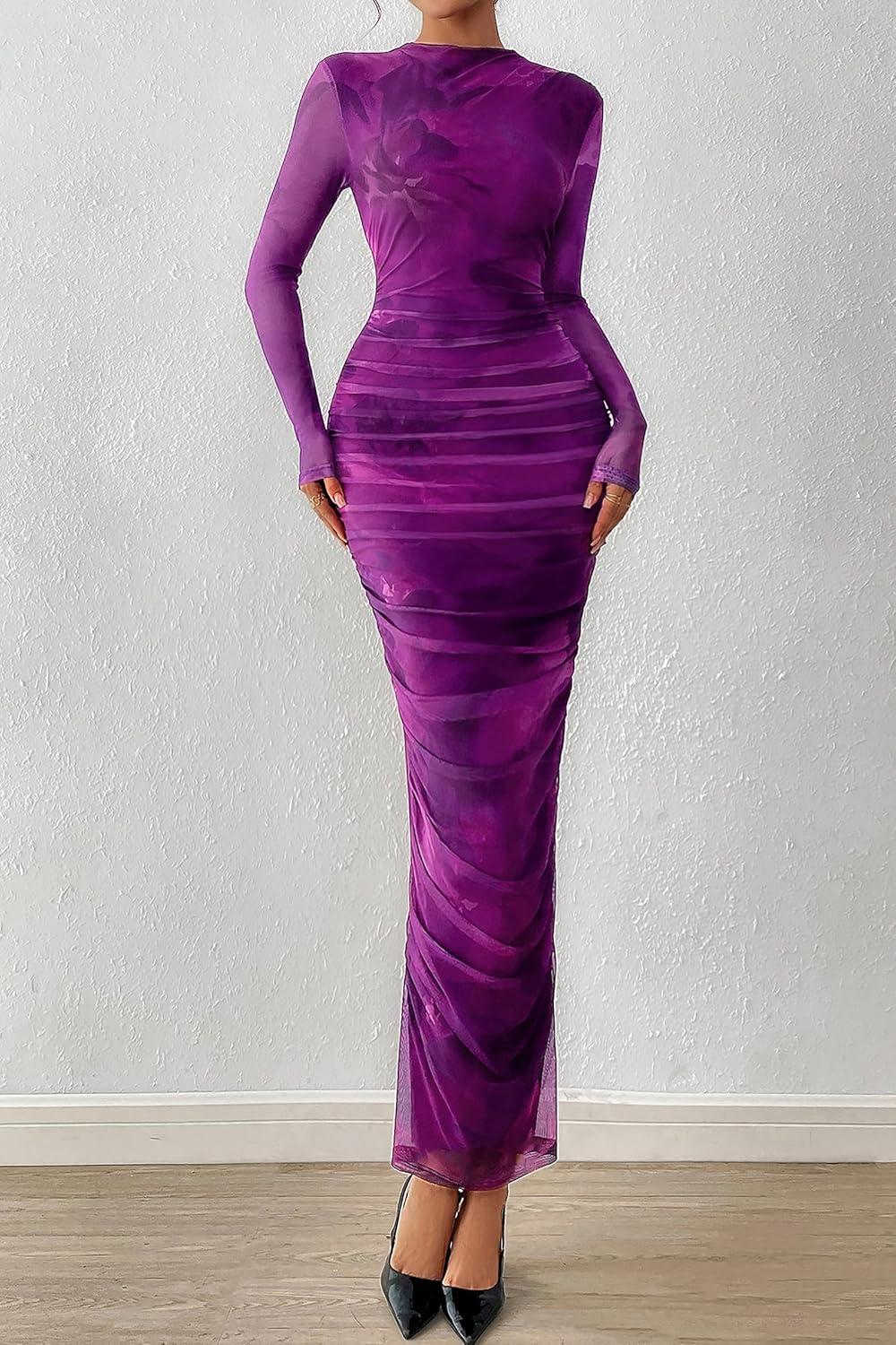 imagePRETTYGARDEN Womens Long Sleeve Maxi Dresses 2026 Spring Ruched Bodycon Floral Mesh Formal Wedding Guest Cocktail Party DressFloral Purple