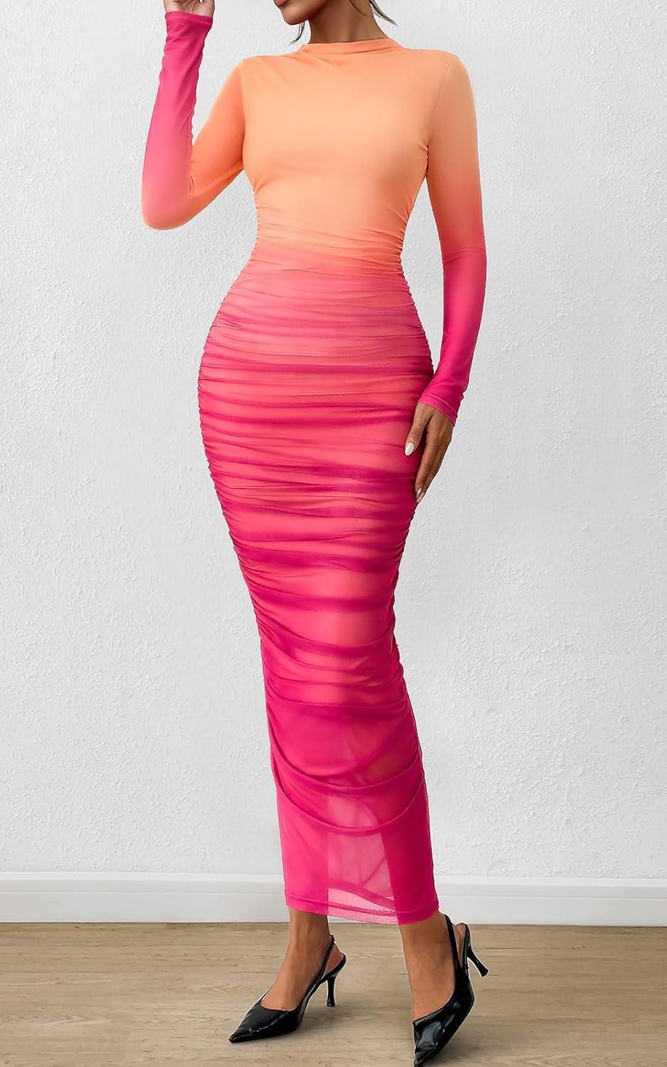 imagePRETTYGARDEN Womens Long Sleeve Maxi Dresses 2026 Spring Ruched Bodycon Floral Mesh Formal Wedding Guest Cocktail Party DressGradient Bean Paste
