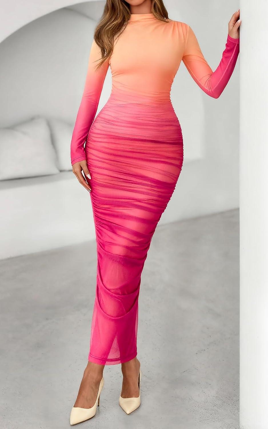 imagePRETTYGARDEN Womens Long Sleeve Maxi Dresses 2026 Spring Ruched Bodycon Floral Mesh Formal Wedding Guest Cocktail Party DressGradient Bean Paste