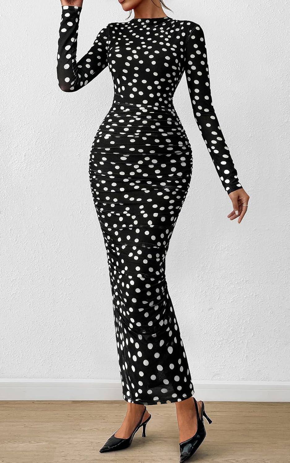 imagePRETTYGARDEN Womens Long Sleeve Maxi Dresses 2026 Spring Ruched Bodycon Floral Mesh Formal Wedding Guest Cocktail Party DressPolka Dot Black