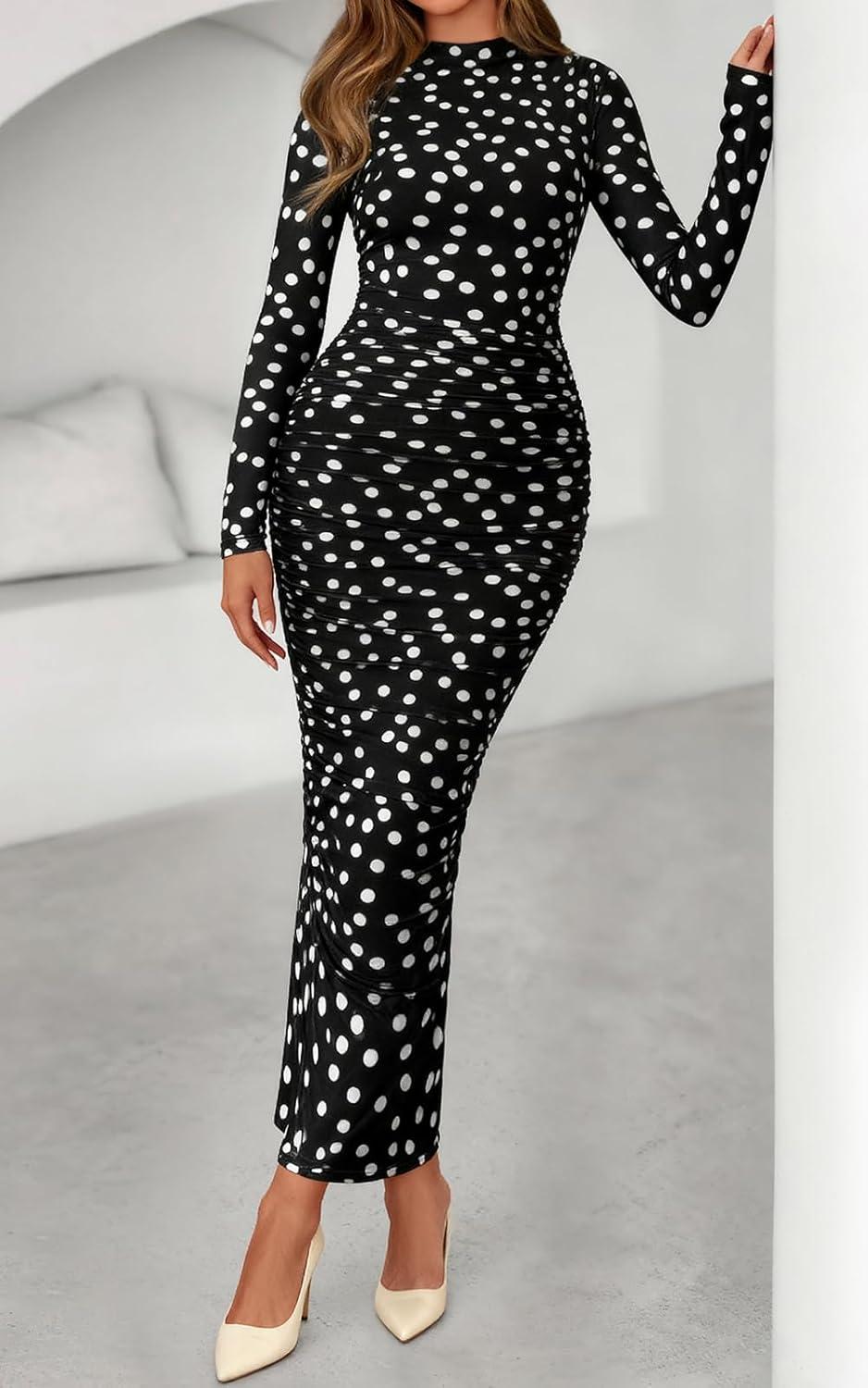 imagePRETTYGARDEN Womens Long Sleeve Maxi Dresses 2026 Spring Ruched Bodycon Floral Mesh Formal Wedding Guest Cocktail Party DressPolka Dot Black