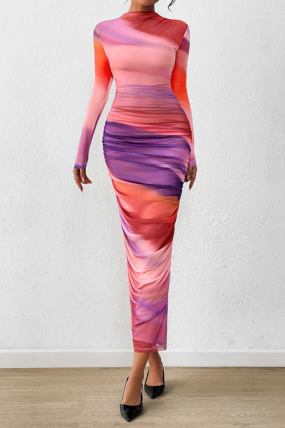imagePRETTYGARDEN Womens Long Sleeve Maxi Dresses 2026 Spring Ruched Bodycon Floral Mesh Formal Wedding Guest Cocktail Party DressRainbow Print
