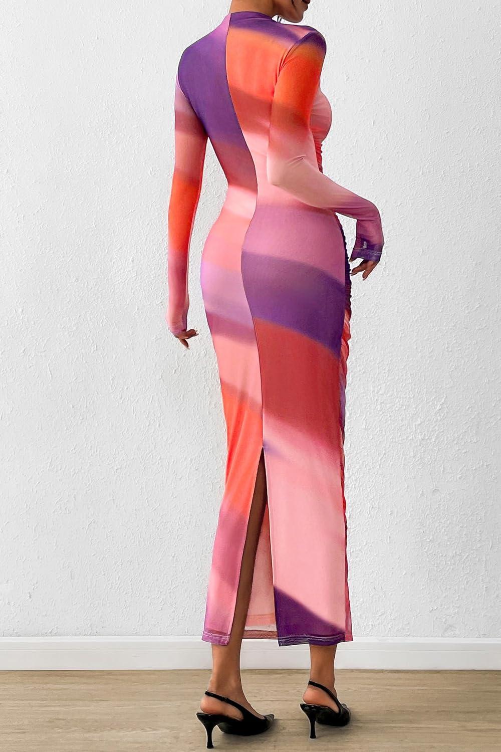imagePRETTYGARDEN Womens Long Sleeve Maxi Dresses 2026 Spring Ruched Bodycon Floral Mesh Formal Wedding Guest Cocktail Party DressRainbow Print