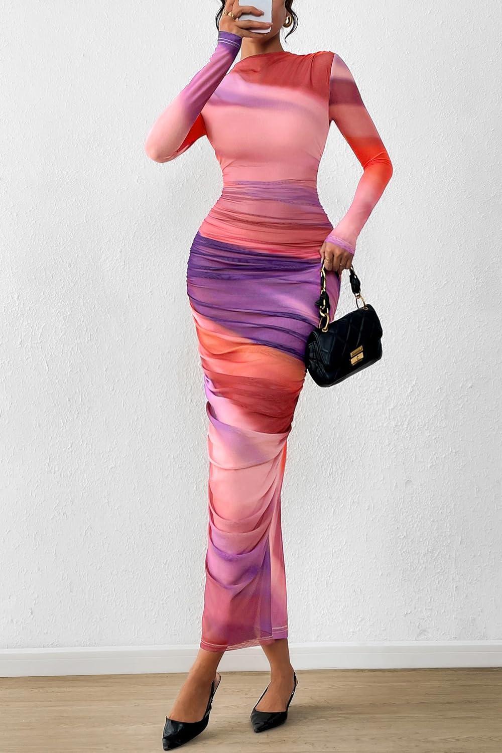 imagePRETTYGARDEN Womens Long Sleeve Maxi Dresses 2026 Spring Ruched Bodycon Floral Mesh Formal Wedding Guest Cocktail Party DressRainbow Print