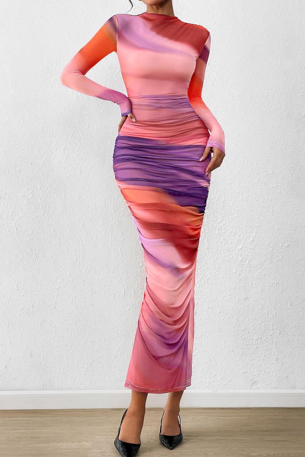 imagePRETTYGARDEN Womens Long Sleeve Maxi Dresses 2026 Spring Ruched Bodycon Floral Mesh Formal Wedding Guest Cocktail Party DressRainbow Print