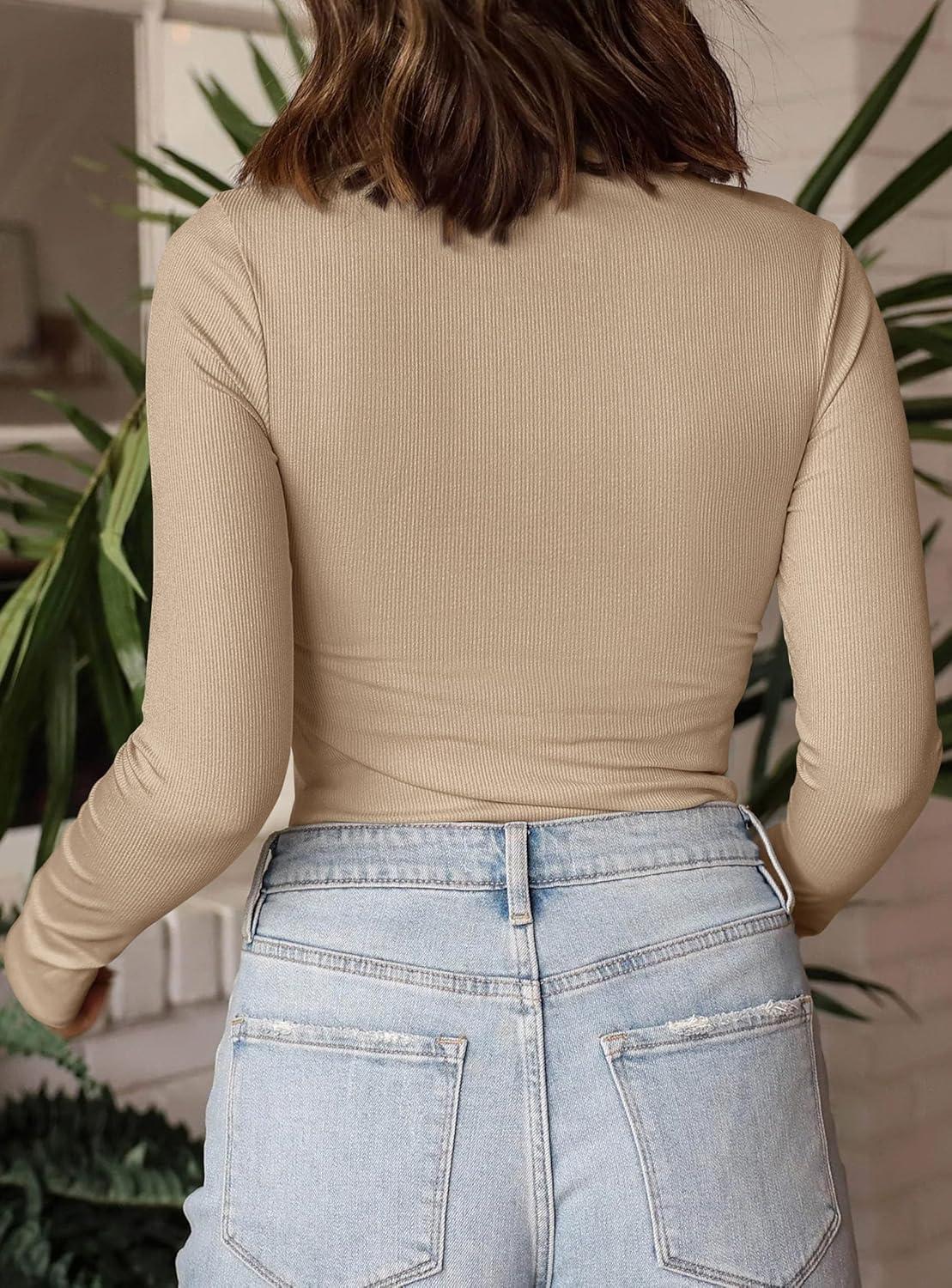 imagePRETTYGARDEN Womens Turtleneck Long Sleeve Shirts 2026 Fall Basic Tees Ribbed Fitted Tops Thermal Layering Knit Top ClothesApricot