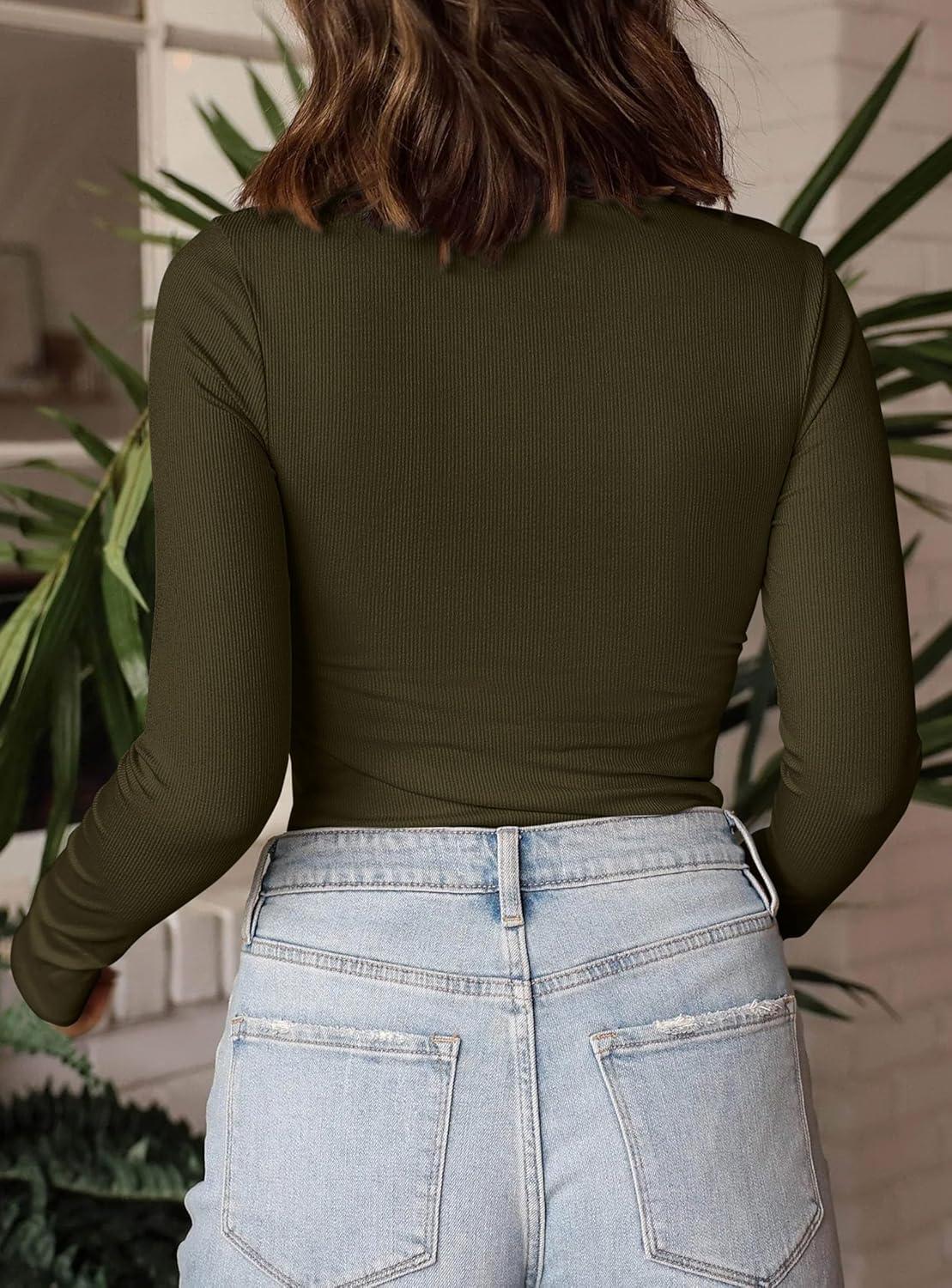 imagePRETTYGARDEN Womens Turtleneck Long Sleeve Shirts 2026 Fall Basic Tees Ribbed Fitted Tops Thermal Layering Knit Top ClothesArmy Green