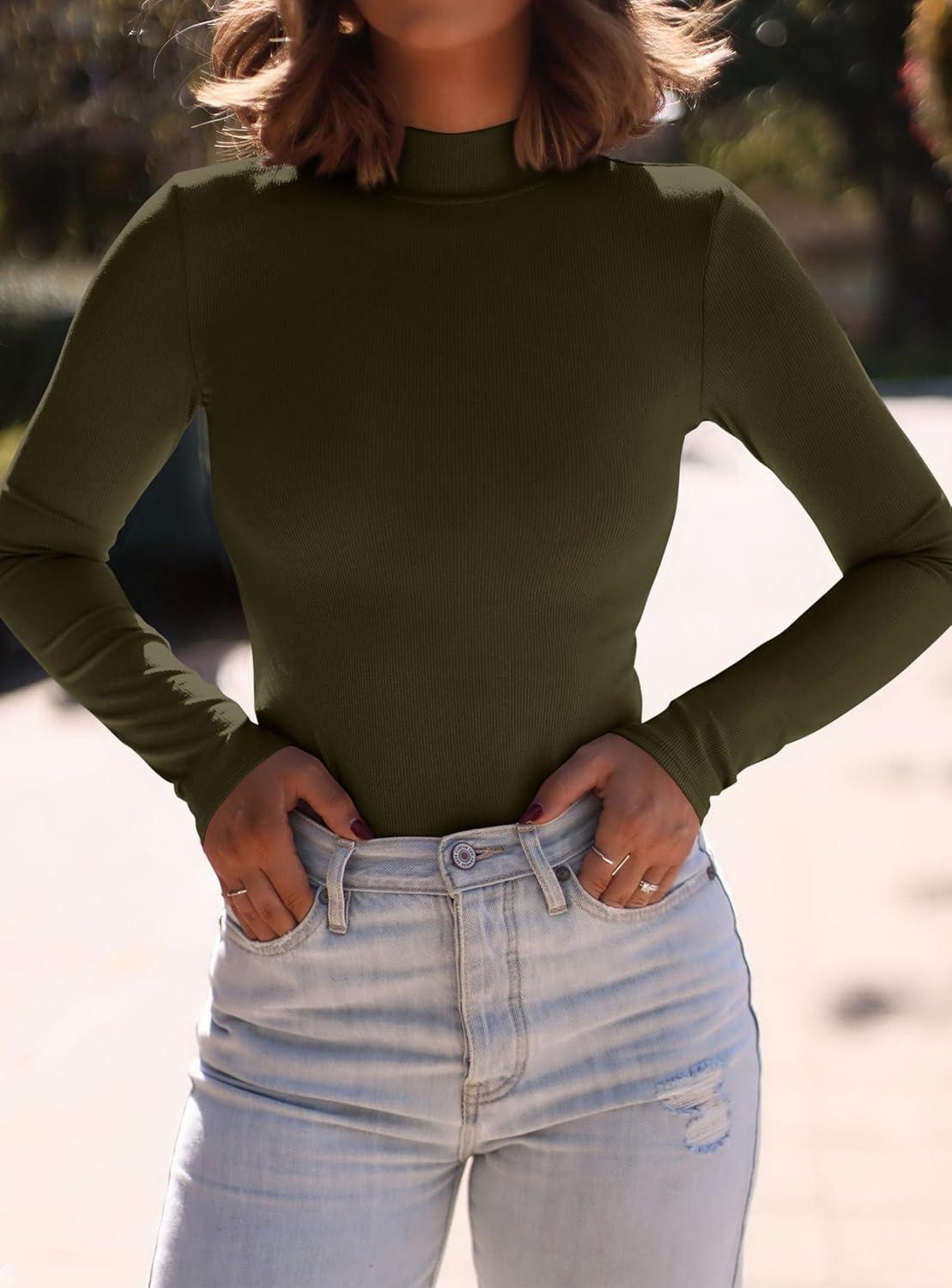 imagePRETTYGARDEN Womens Turtleneck Long Sleeve Shirts 2026 Fall Basic Tees Ribbed Fitted Tops Thermal Layering Knit Top ClothesArmy Green