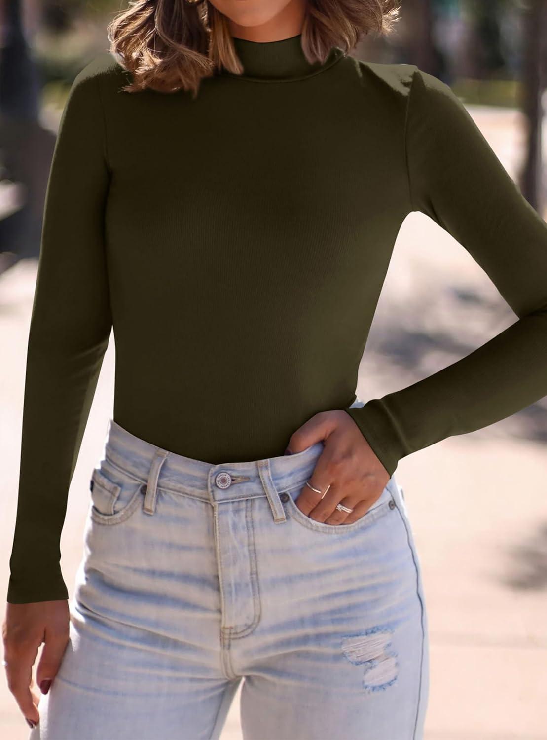 imagePRETTYGARDEN Womens Turtleneck Long Sleeve Shirts 2026 Fall Basic Tees Ribbed Fitted Tops Thermal Layering Knit Top ClothesArmy Green