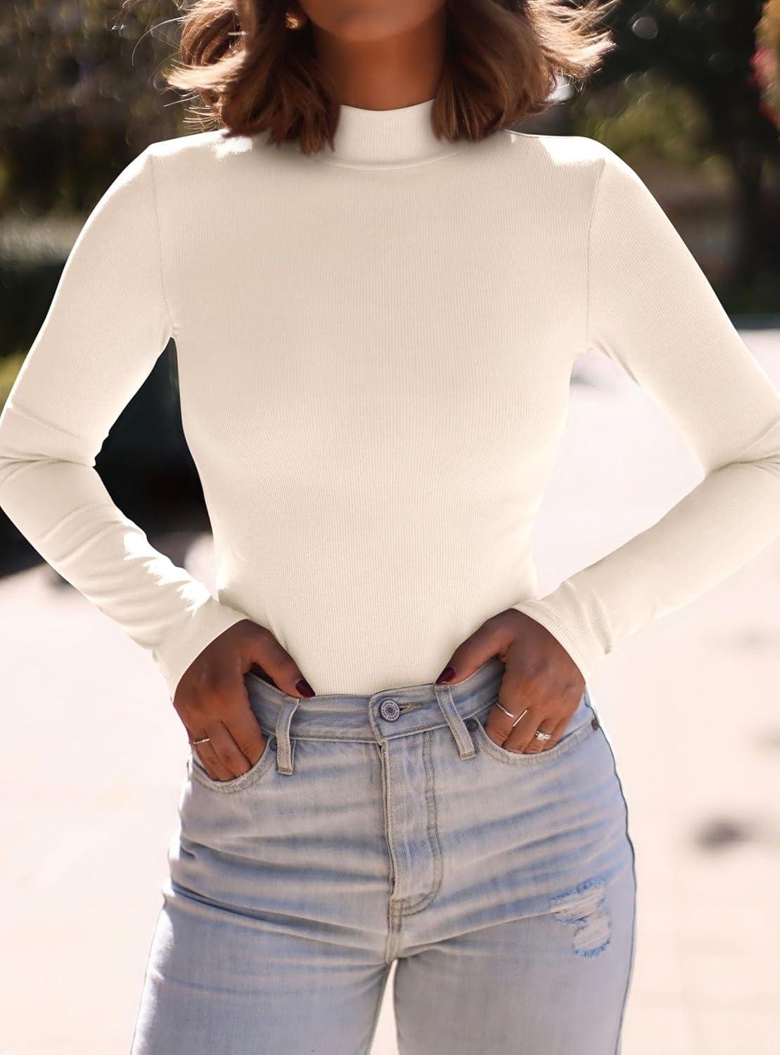 imagePRETTYGARDEN Womens Turtleneck Long Sleeve Shirts 2026 Fall Basic Tees Ribbed Fitted Tops Thermal Layering Knit Top ClothesBeige