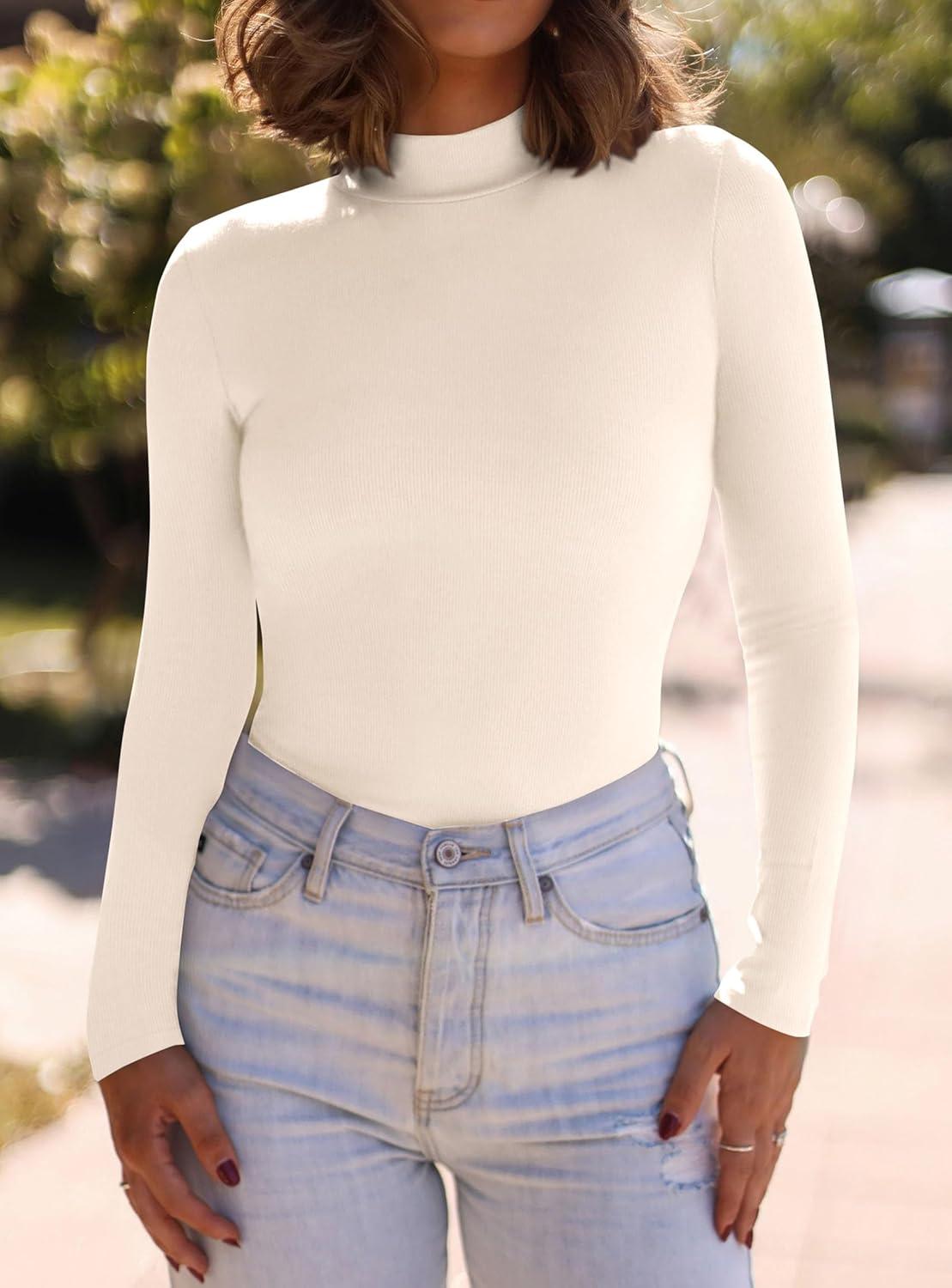 imagePRETTYGARDEN Womens Turtleneck Long Sleeve Shirts 2026 Fall Basic Tees Ribbed Fitted Tops Thermal Layering Knit Top ClothesBeige