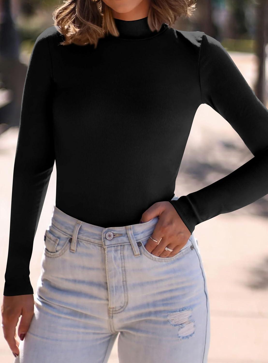 imagePRETTYGARDEN Womens Turtleneck Long Sleeve Shirts 2026 Fall Basic Tees Ribbed Fitted Tops Thermal Layering Knit Top ClothesBlack