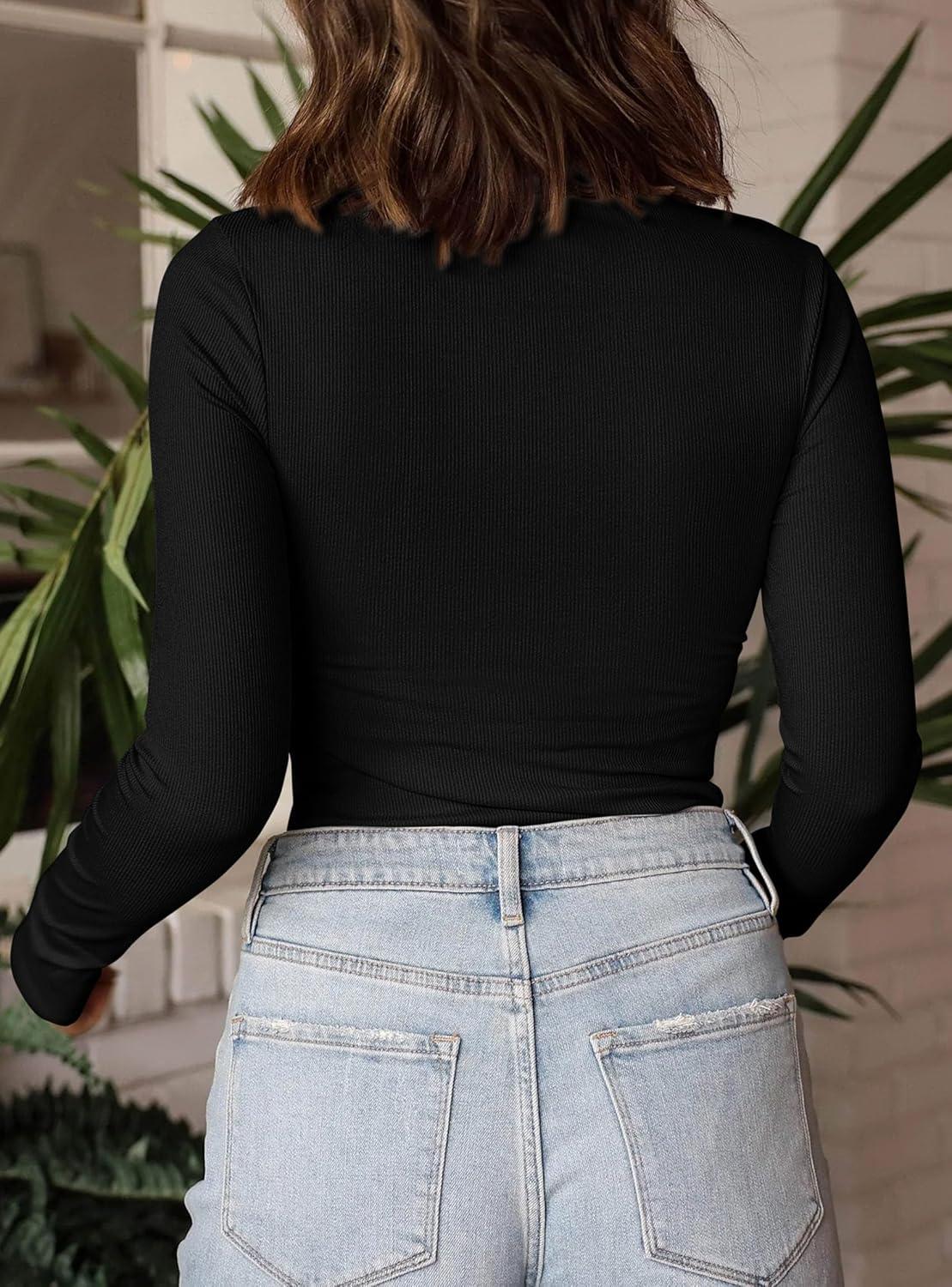 imagePRETTYGARDEN Womens Turtleneck Long Sleeve Shirts 2026 Fall Basic Tees Ribbed Fitted Tops Thermal Layering Knit Top ClothesBlack