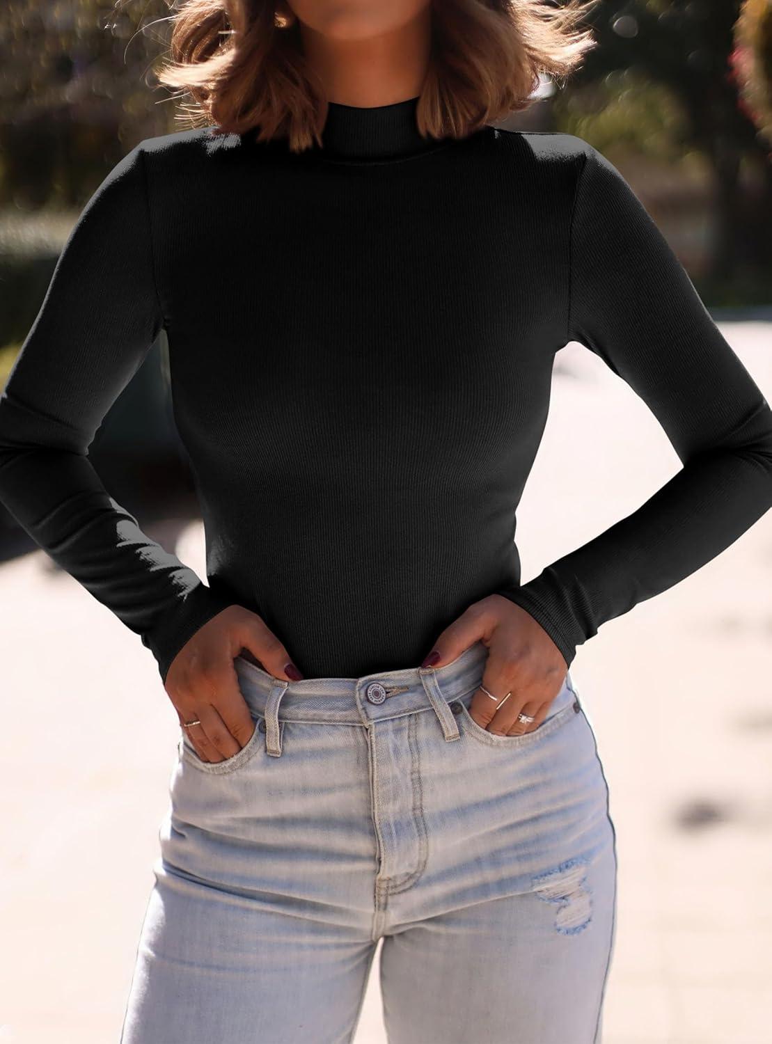 imagePRETTYGARDEN Womens Turtleneck Long Sleeve Shirts 2026 Fall Basic Tees Ribbed Fitted Tops Thermal Layering Knit Top ClothesBlack