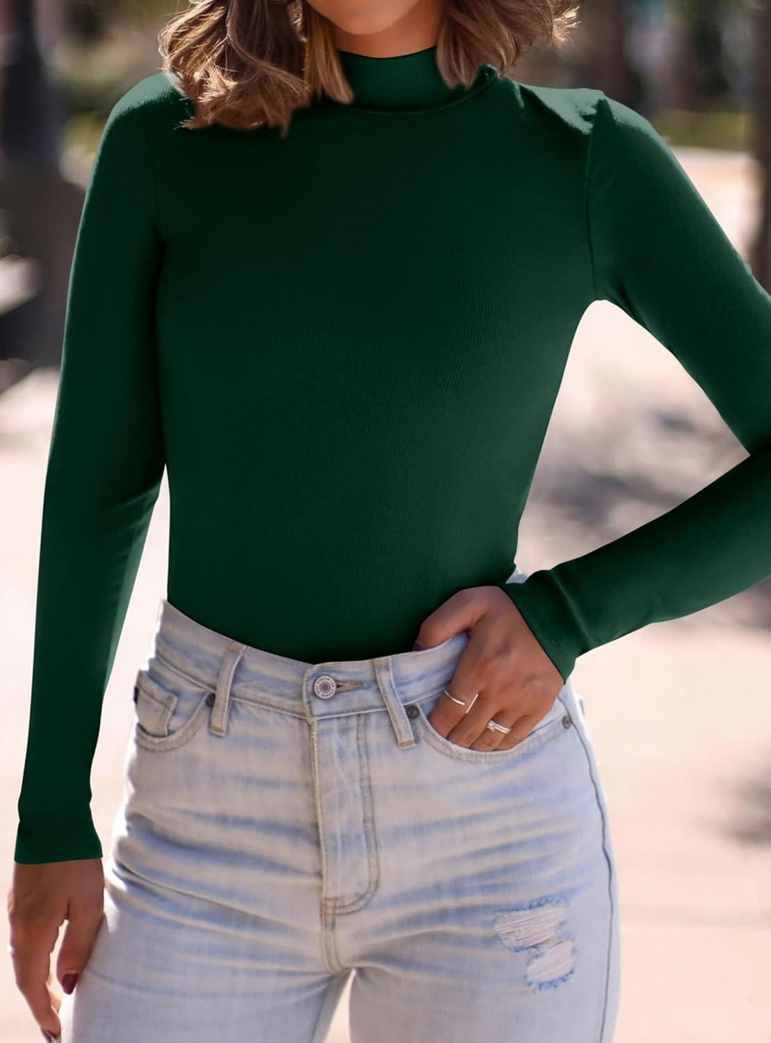 imagePRETTYGARDEN Womens Turtleneck Long Sleeve Shirts 2026 Fall Basic Tees Ribbed Fitted Tops Thermal Layering Knit Top ClothesDark Green
