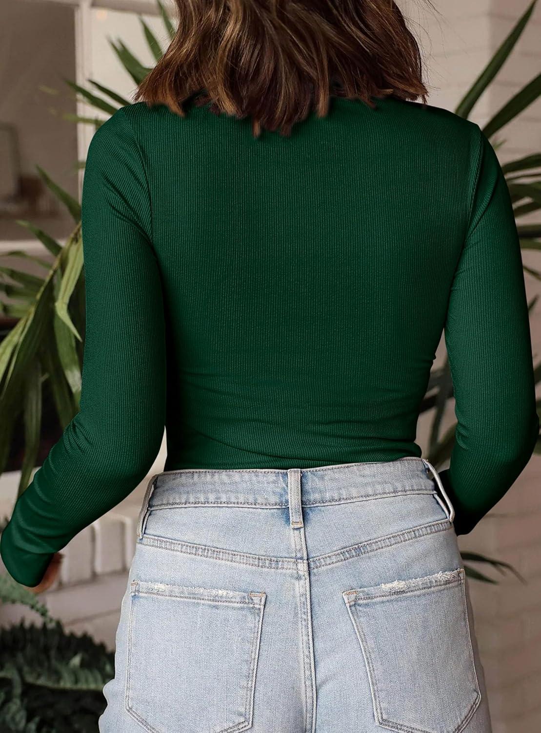 imagePRETTYGARDEN Womens Turtleneck Long Sleeve Shirts 2026 Fall Basic Tees Ribbed Fitted Tops Thermal Layering Knit Top ClothesDark Green