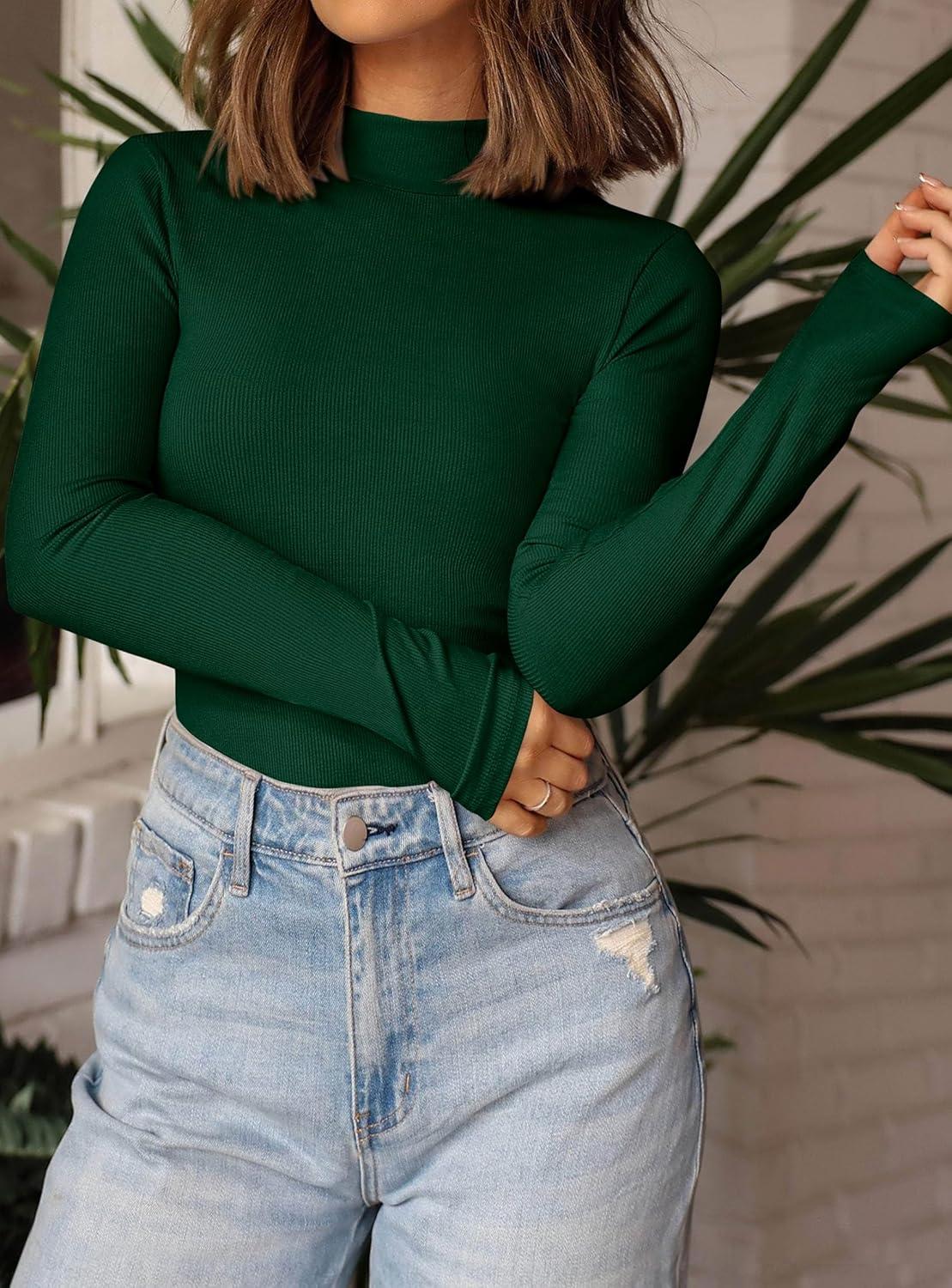 imagePRETTYGARDEN Womens Turtleneck Long Sleeve Shirts 2026 Fall Basic Tees Ribbed Fitted Tops Thermal Layering Knit Top ClothesDark Green