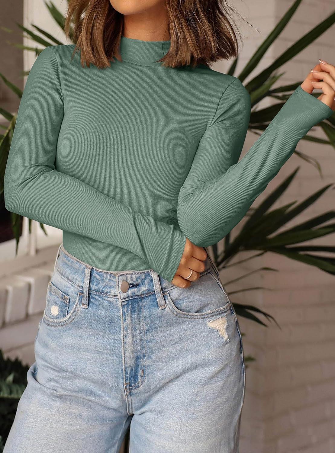 imagePRETTYGARDEN Womens Turtleneck Long Sleeve Shirts 2026 Fall Basic Tees Ribbed Fitted Tops Thermal Layering Knit Top ClothesGrey Green