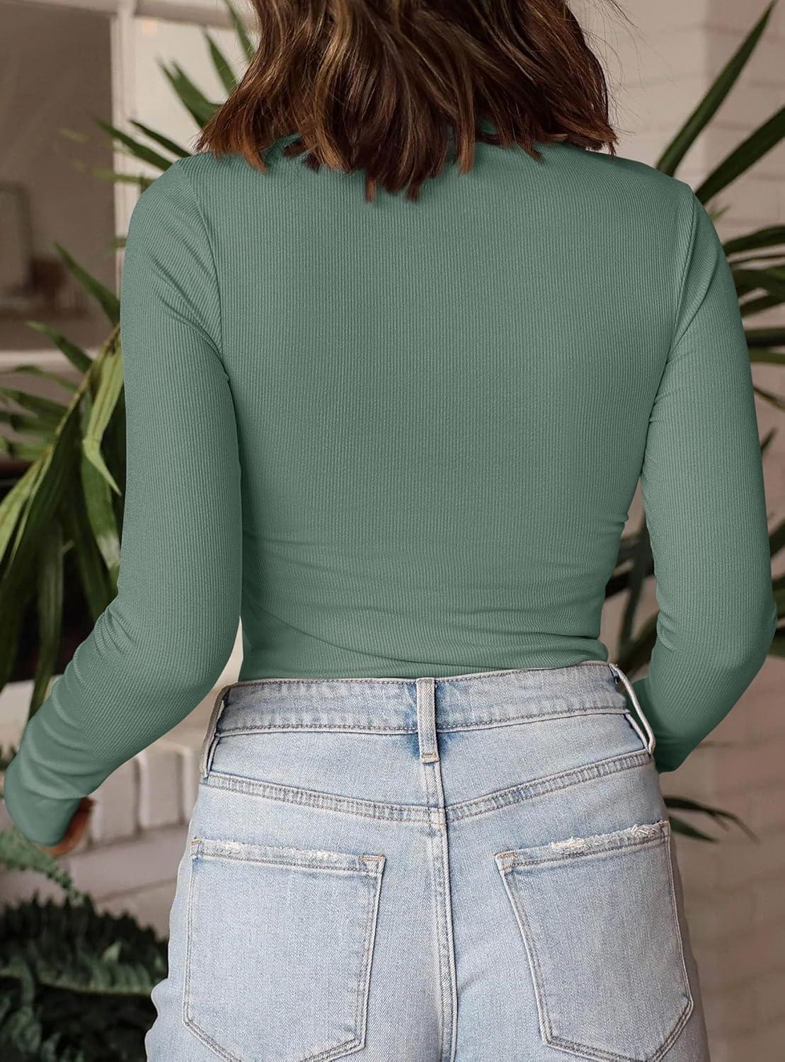 imagePRETTYGARDEN Womens Turtleneck Long Sleeve Shirts 2026 Fall Basic Tees Ribbed Fitted Tops Thermal Layering Knit Top ClothesGrey Green