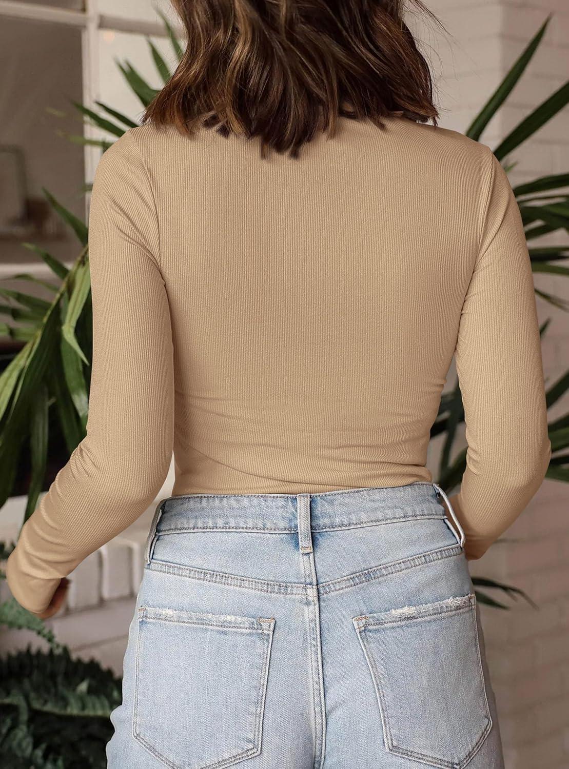 imagePRETTYGARDEN Womens Turtleneck Long Sleeve Shirts 2026 Fall Basic Tees Ribbed Fitted Tops Thermal Layering Knit Top ClothesKhaki