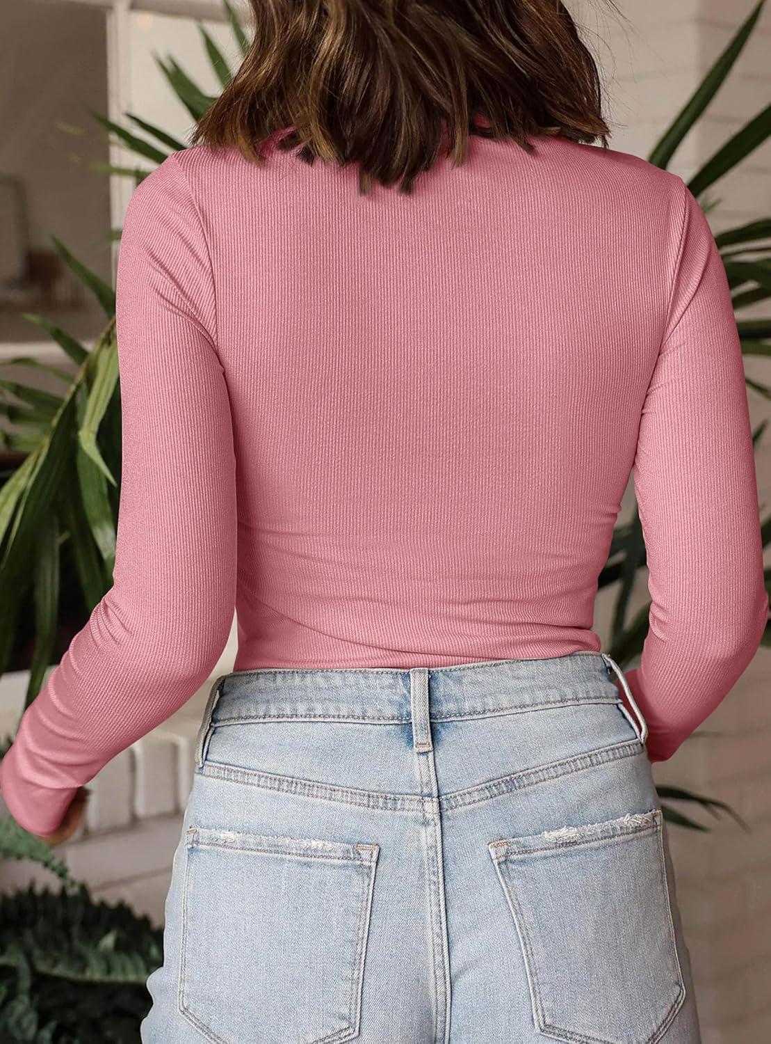 imagePRETTYGARDEN Womens Turtleneck Long Sleeve Shirts 2026 Fall Basic Tees Ribbed Fitted Tops Thermal Layering Knit Top ClothesPink