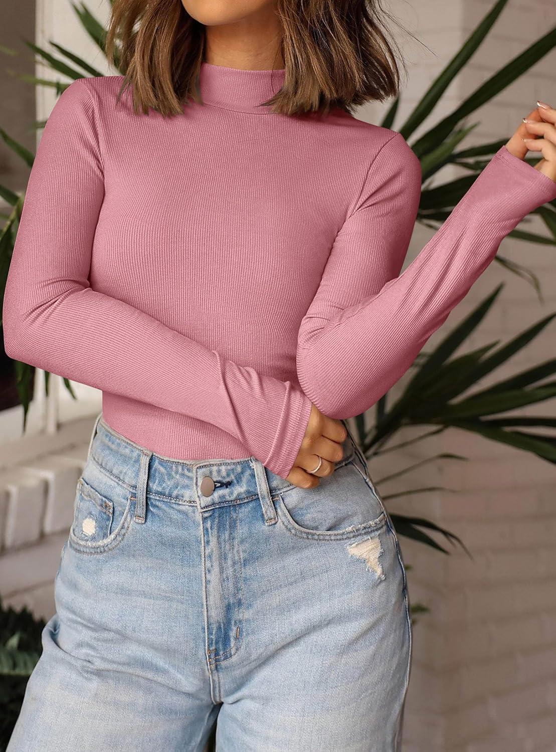 imagePRETTYGARDEN Womens Turtleneck Long Sleeve Shirts 2026 Fall Basic Tees Ribbed Fitted Tops Thermal Layering Knit Top ClothesPink