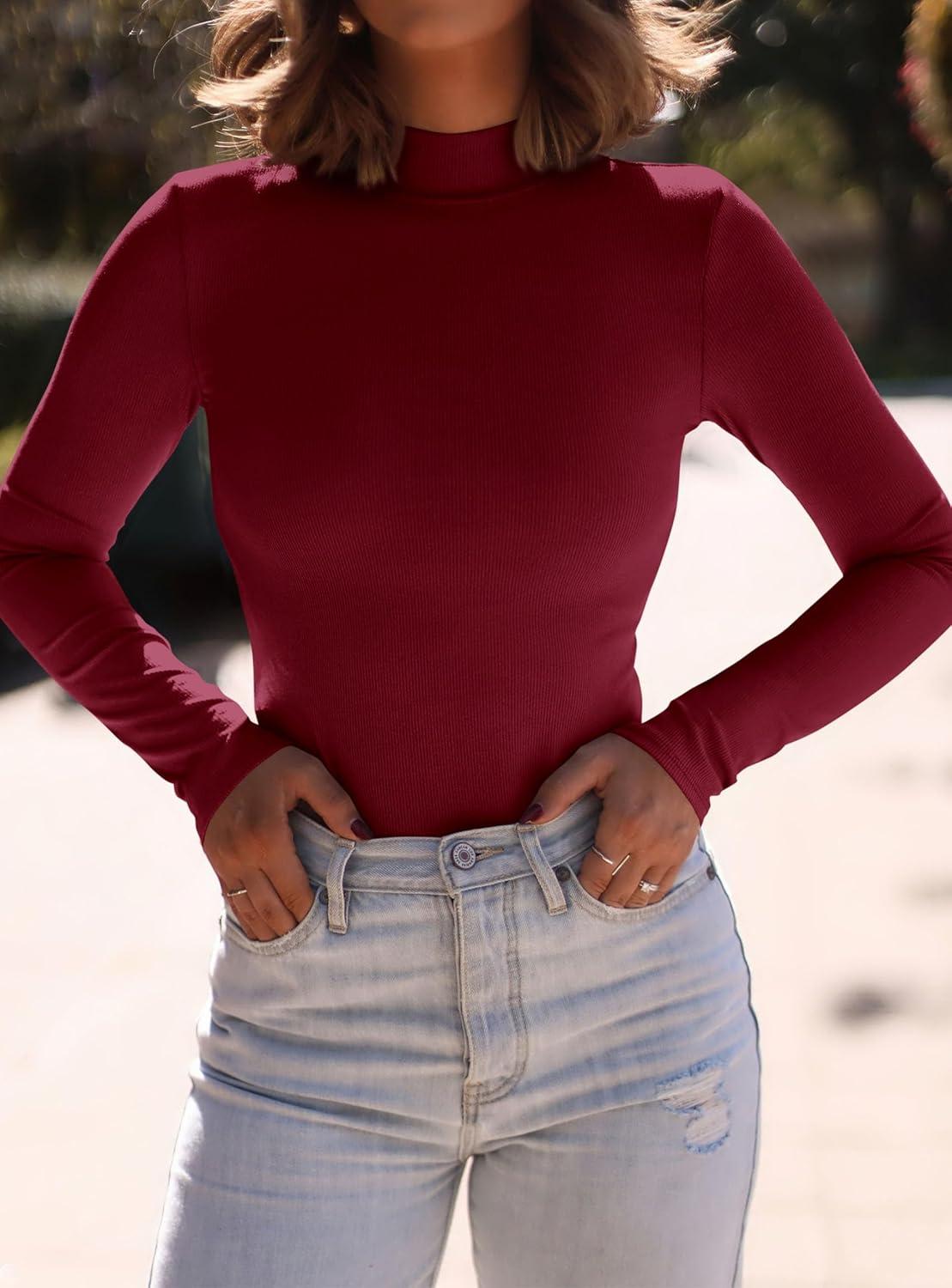 imagePRETTYGARDEN Womens Turtleneck Long Sleeve Shirts 2026 Fall Basic Tees Ribbed Fitted Tops Thermal Layering Knit Top ClothesWine Red