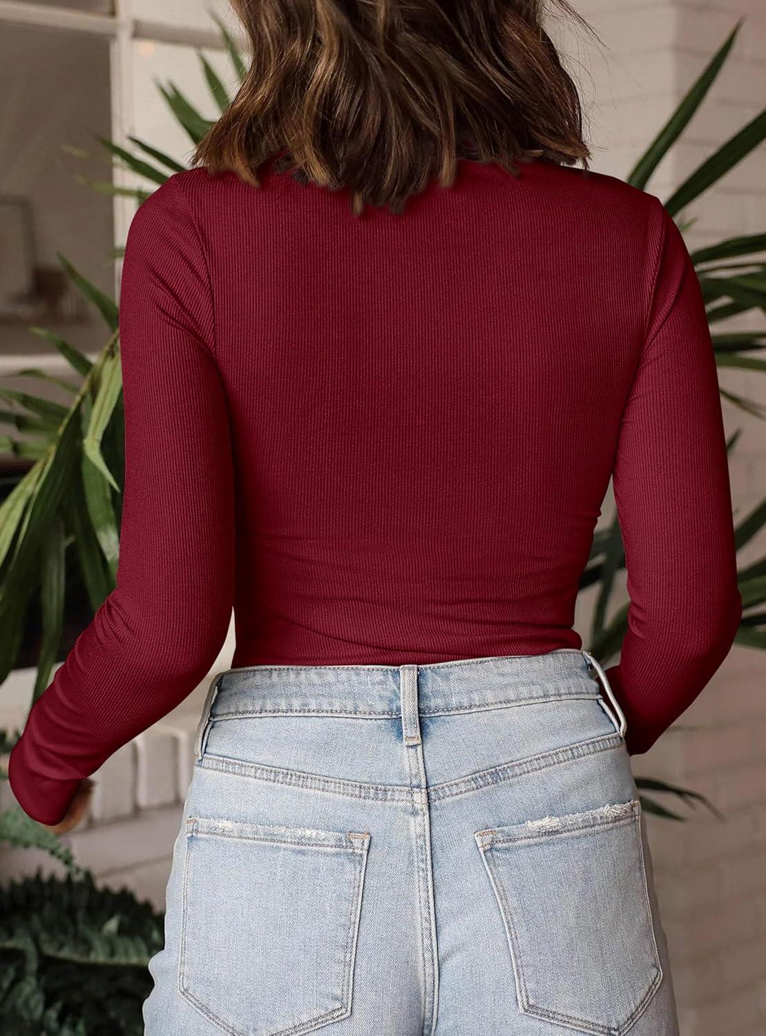imagePRETTYGARDEN Womens Turtleneck Long Sleeve Shirts 2026 Fall Basic Tees Ribbed Fitted Tops Thermal Layering Knit Top ClothesWine Red
