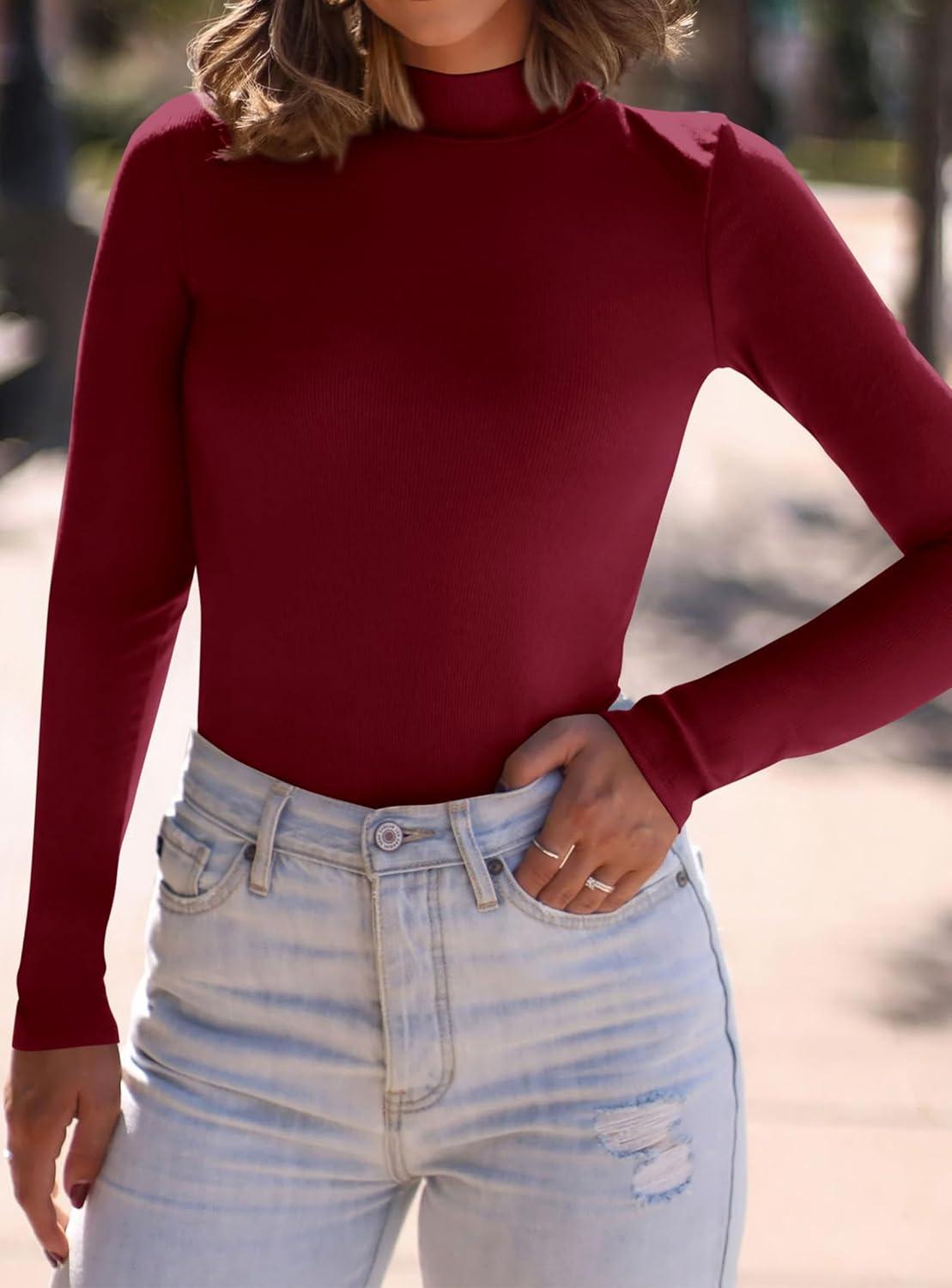 imagePRETTYGARDEN Womens Turtleneck Long Sleeve Shirts 2026 Fall Basic Tees Ribbed Fitted Tops Thermal Layering Knit Top ClothesWine Red