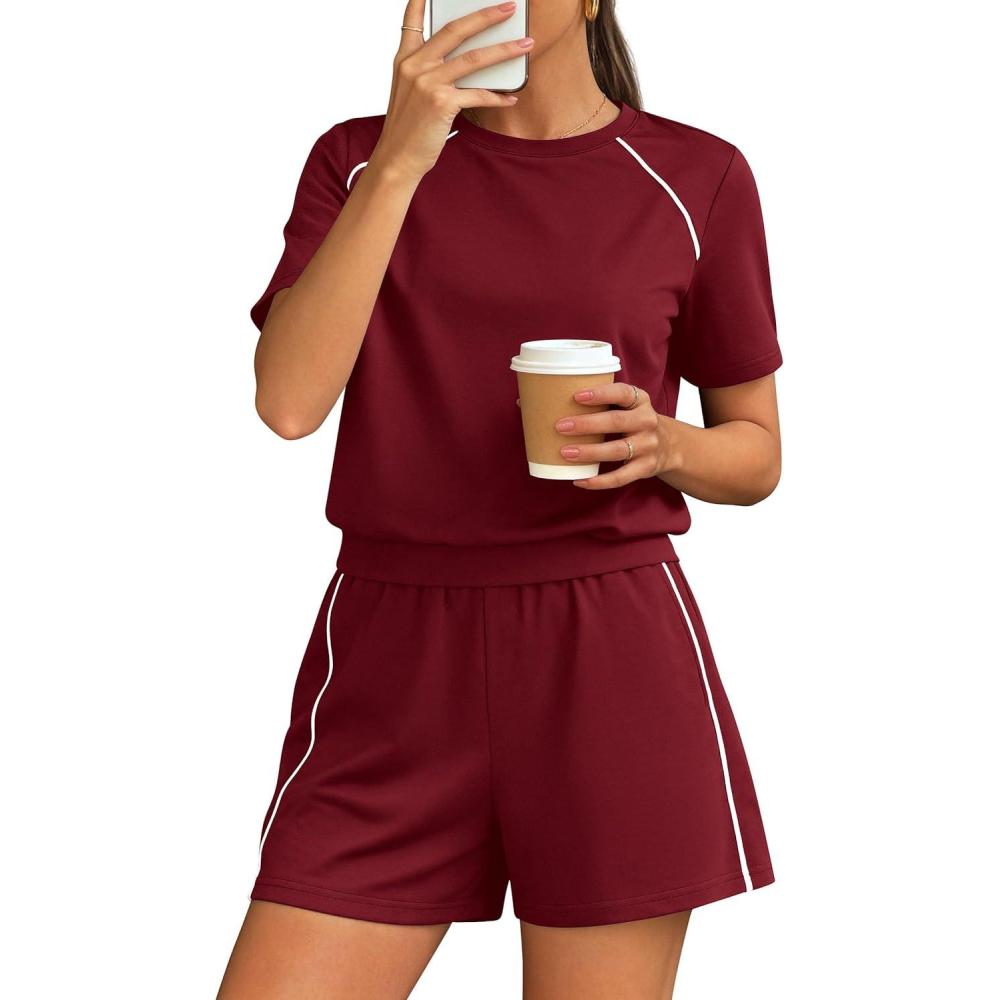imagePRETTYGARDEN Shorts Sets Women 2 Piece Outfits Summer 2026 Matching Workout Athletic Clothing Casual Spring Travel LoungewearBurgundy