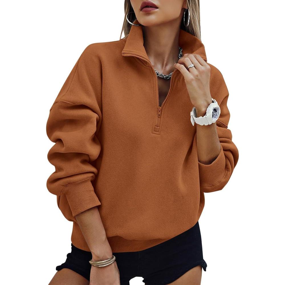 imagePRETTYGARDEN Womens Half Zip Oversized Sweatshirts Fleece Hoodies 2026 Trendy Long Sleeve Pullover Tops Y2k Spring OutfitsBrown