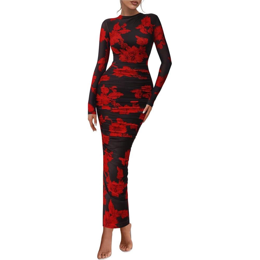 imagePRETTYGARDEN Womens Long Sleeve Maxi Dresses 2026 Spring Ruched Bodycon Floral Mesh Formal Wedding Guest Cocktail Party DressBlack Red Flower