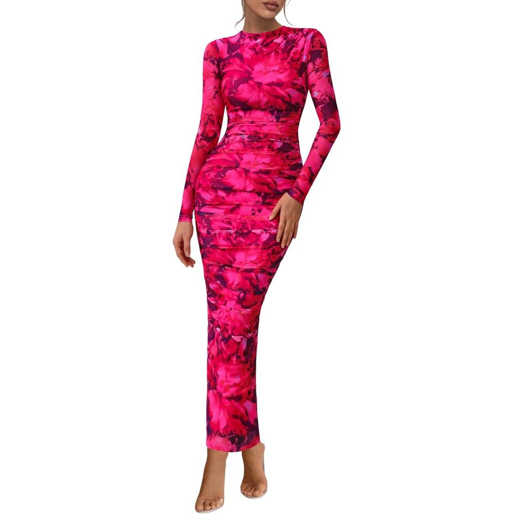 imagePRETTYGARDEN Womens Long Sleeve Maxi Dresses 2026 Spring Ruched Bodycon Floral Mesh Formal Wedding Guest Cocktail Party DressBlack Rose Red Big Floral