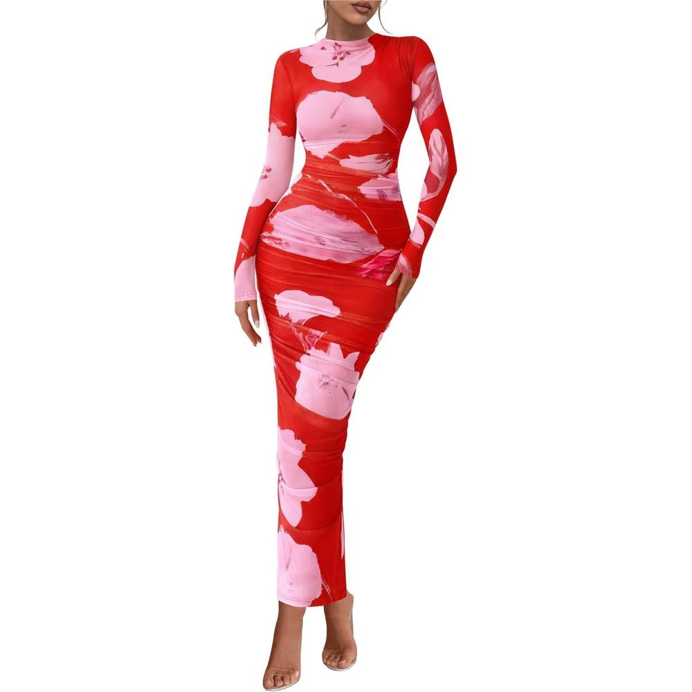 imagePRETTYGARDEN Womens Long Sleeve Maxi Dresses 2026 Spring Ruched Bodycon Floral Mesh Formal Wedding Guest Cocktail Party DressBrick Red Flower